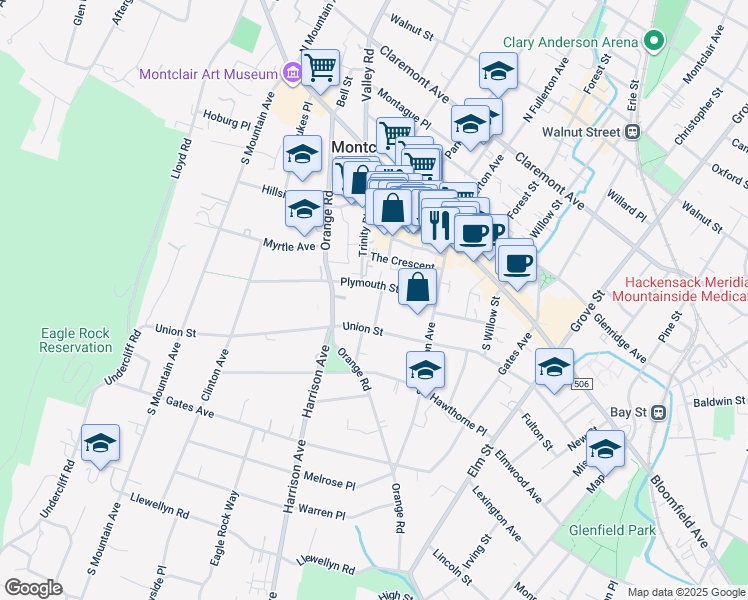 map of restaurants, bars, coffee shops, grocery stores, and more near 14 Wilde Place in Montclair