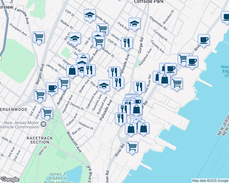 map of restaurants, bars, coffee shops, grocery stores, and more near Palisade Avenue & Riverview Place in Cliffside Park