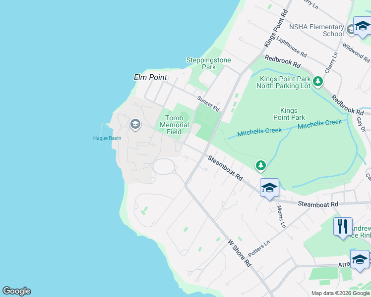 map of restaurants, bars, coffee shops, grocery stores, and more near 258 Steamboat Road in Kings Point