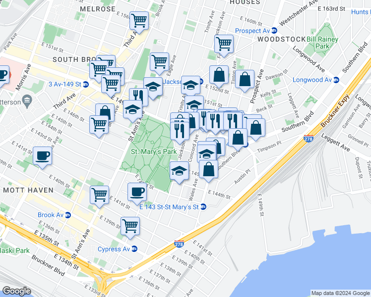 map of restaurants, bars, coffee shops, grocery stores, and more near 494 Jackson Avenue in The Bronx