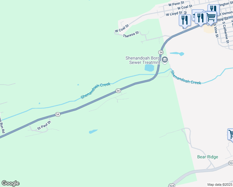 map of restaurants, bars, coffee shops, grocery stores, and more near 87 Mount Olive Boulevard in Shenandoah