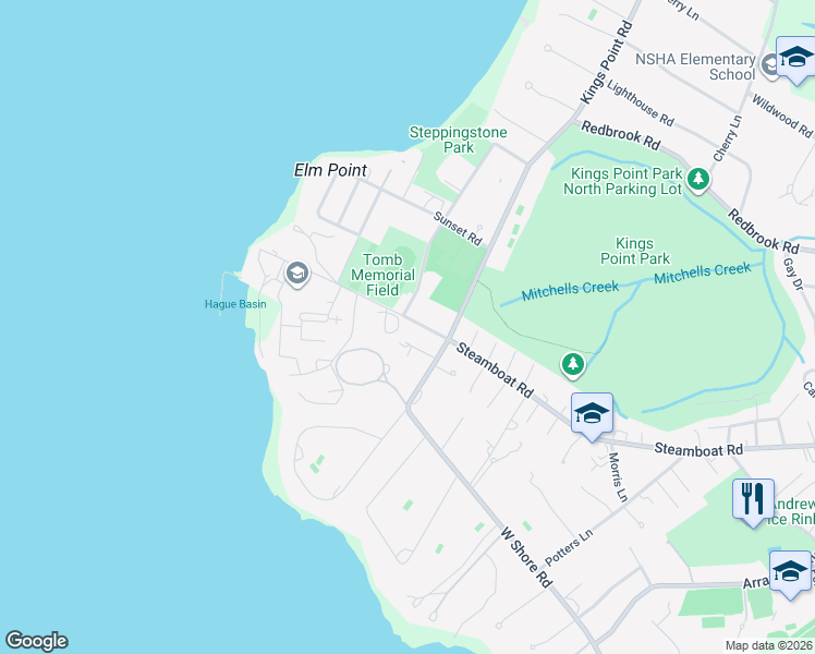 map of restaurants, bars, coffee shops, grocery stores, and more near 258 Steamboat Road in Kings Point