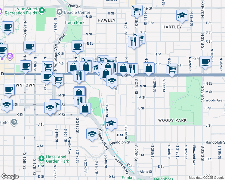 map of restaurants, bars, coffee shops, grocery stores, and more near 225 South 25th Street in Lincoln