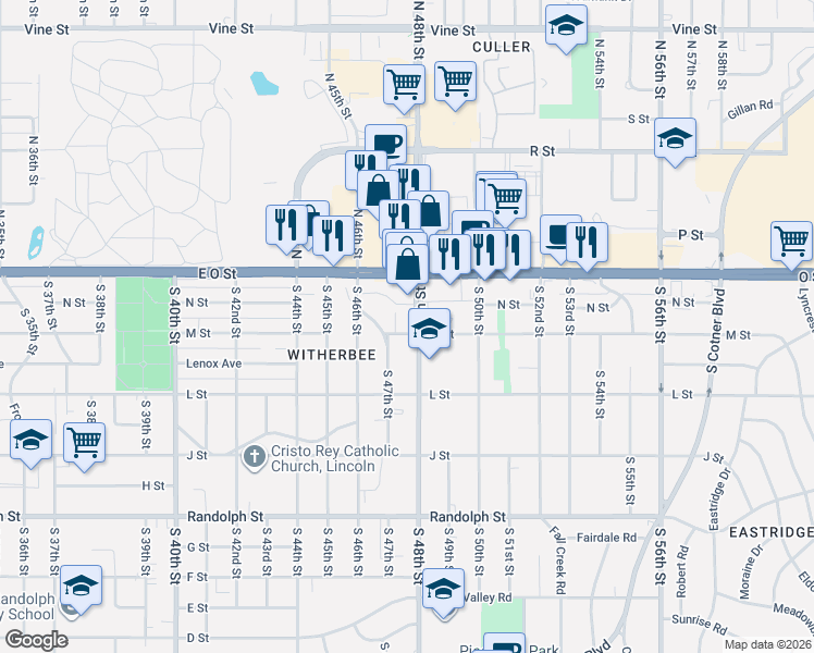 map of restaurants, bars, coffee shops, grocery stores, and more near 235 South 48th Street in Lincoln