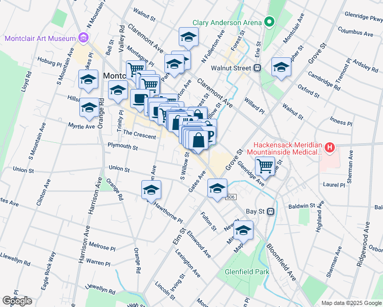 map of restaurants, bars, coffee shops, grocery stores, and more near 3 South Willow Street in Montclair