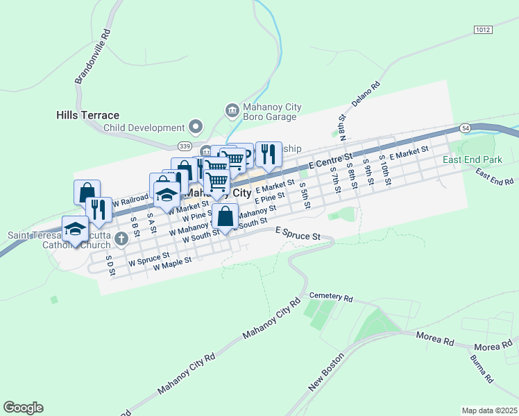 map of restaurants, bars, coffee shops, grocery stores, and more near 219 East Mahanoy Street in Mahanoy City