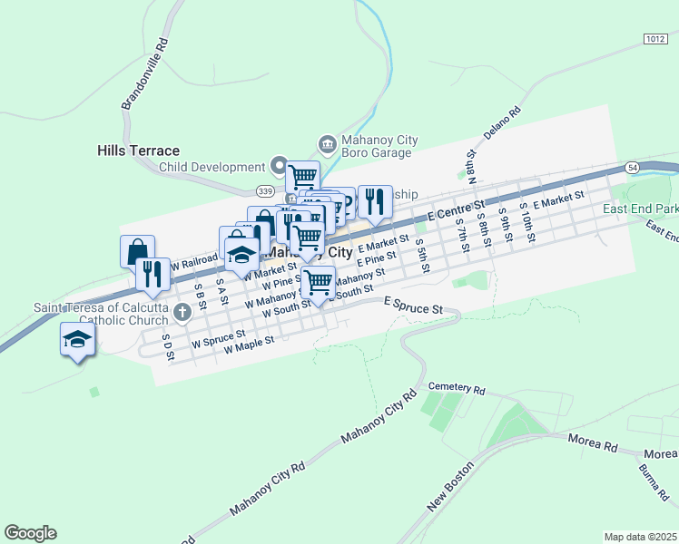 map of restaurants, bars, coffee shops, grocery stores, and more near 102 East Pine Street in Mahanoy City