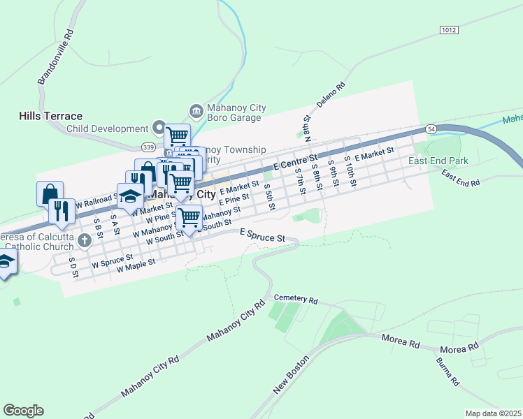 map of restaurants, bars, coffee shops, grocery stores, and more near 412 E Mahanoy St in Mahanoy City