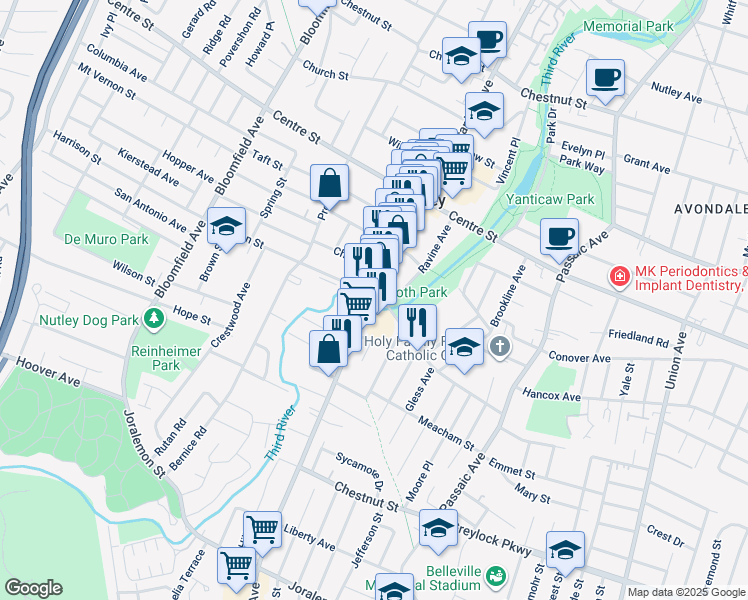 map of restaurants, bars, coffee shops, grocery stores, and more near 108 Franklin Avenue in Nutley