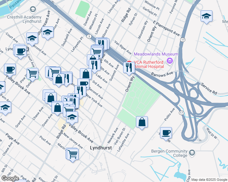 map of restaurants, bars, coffee shops, grocery stores, and more near 720 Lake Avenue in Lyndhurst