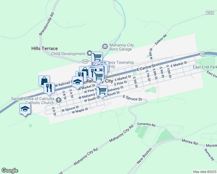 map of restaurants, bars, coffee shops, grocery stores, and more near 102 East Pine Street in Mahanoy City