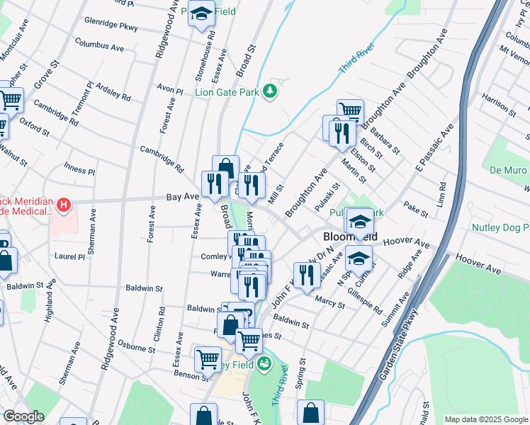 map of restaurants, bars, coffee shops, grocery stores, and more near 56 Bay Avenue in Bloomfield