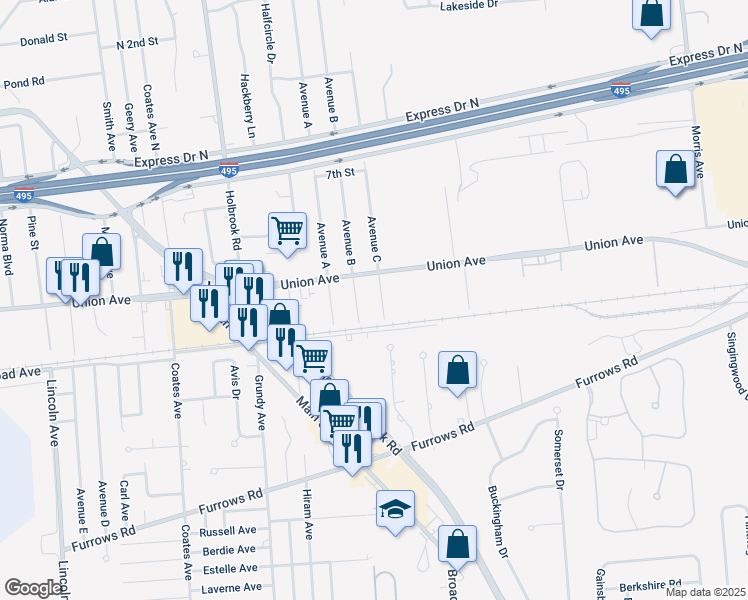 map of restaurants, bars, coffee shops, grocery stores, and more near 8 Avenue C in Holbrook
