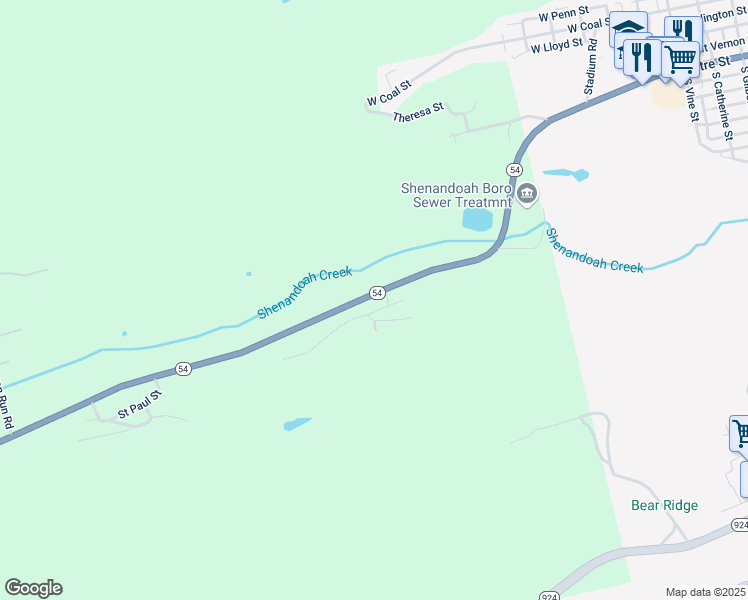 map of restaurants, bars, coffee shops, grocery stores, and more near 87 Mount Olive Boulevard in Shenandoah