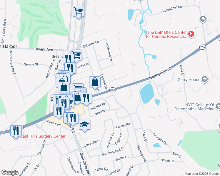 map of restaurants, bars, coffee shops, grocery stores, and more near 2 Addison Lane in Greenvale