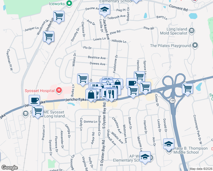 map of restaurants, bars, coffee shops, grocery stores, and more near 295 Jackson Avenue in Syosset