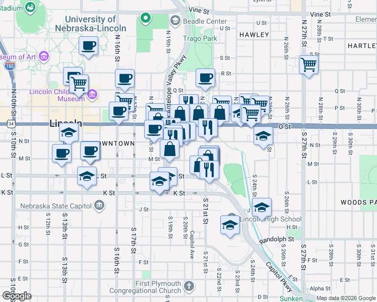 map of restaurants, bars, coffee shops, grocery stores, and more near 2001 N Street in Lincoln