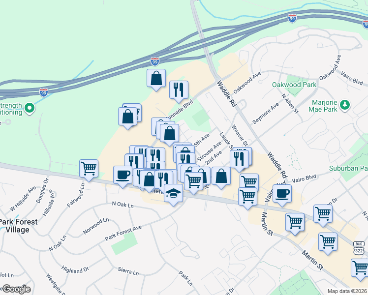 map of restaurants, bars, coffee shops, grocery stores, and more near 399 5th Avenue in State College