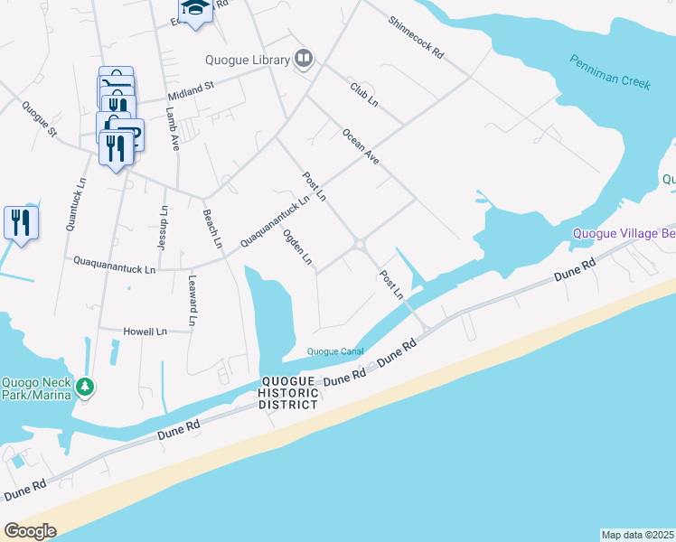 map of restaurants, bars, coffee shops, grocery stores, and more near 6 Niamogue Lane in Quogue
