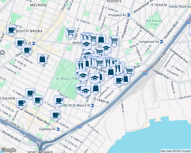 map of restaurants, bars, coffee shops, grocery stores, and more near 764B East 149th Street in The Bronx