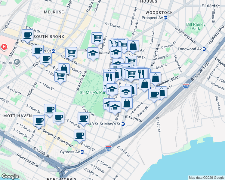 map of restaurants, bars, coffee shops, grocery stores, and more near 501 Jackson Avenue in Bronx