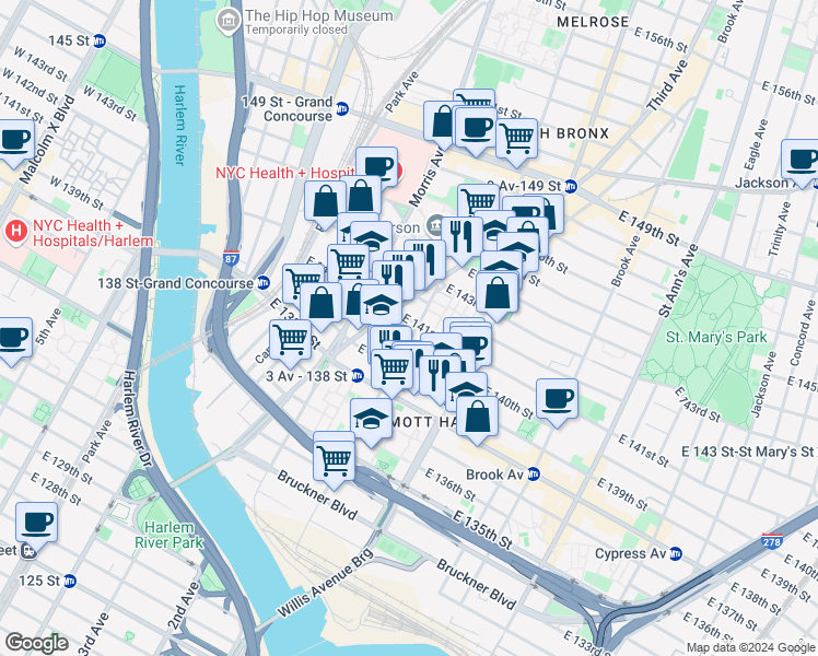 map of restaurants, bars, coffee shops, grocery stores, and more near 314 East 141st Street in Bronx