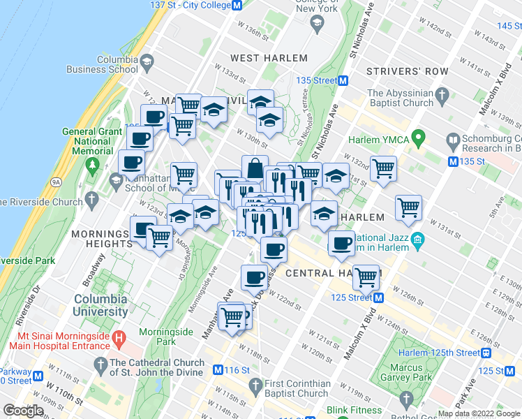 map of restaurants, bars, coffee shops, grocery stores, and more near in New York