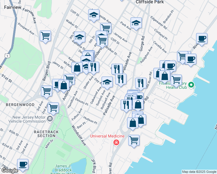 map of restaurants, bars, coffee shops, grocery stores, and more near 214 Riverview Place in Cliffside Park