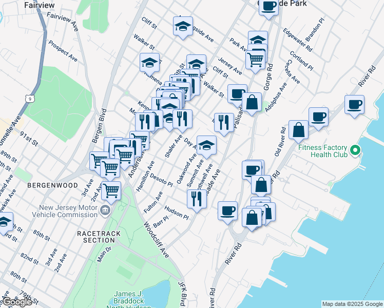 map of restaurants, bars, coffee shops, grocery stores, and more near 15 Oakwood Avenue in Cliffside Park