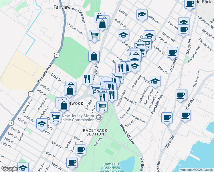 map of restaurants, bars, coffee shops, grocery stores, and more near 49 Grant Street in Fairview