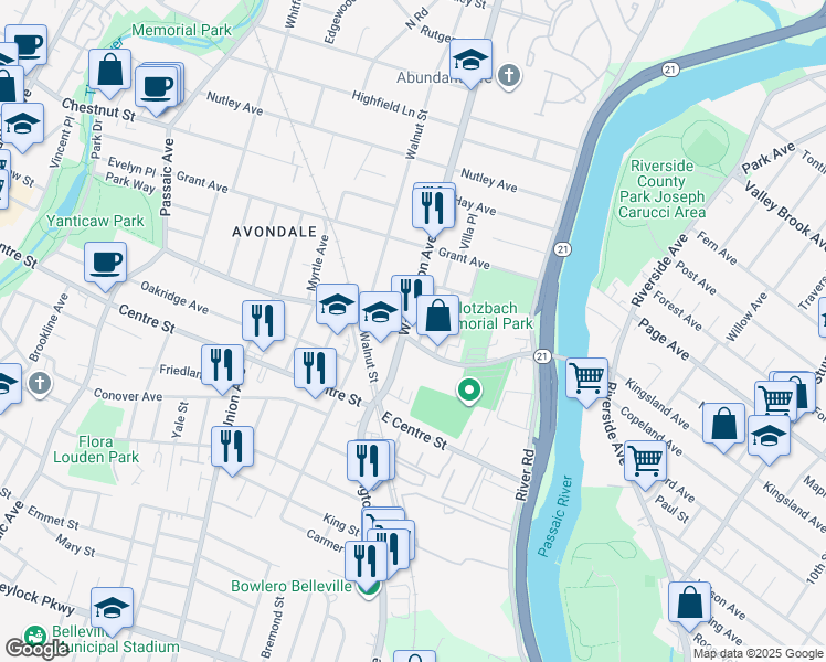 map of restaurants, bars, coffee shops, grocery stores, and more near 154 Washington Avenue in Nutley