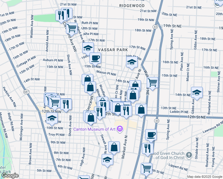 map of restaurants, bars, coffee shops, grocery stores, and more near 318 Chicago Place Northwest in Canton