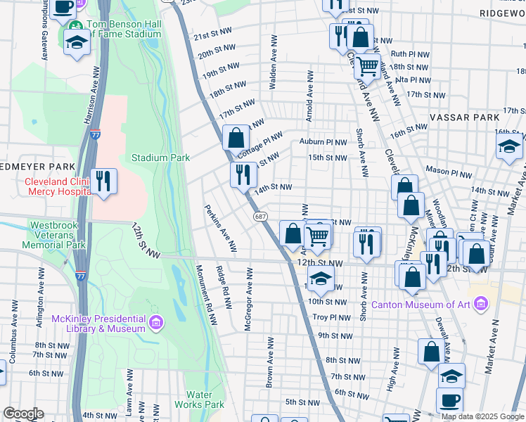 map of restaurants, bars, coffee shops, grocery stores, and more near 1324 Fulton Road Northwest in Canton