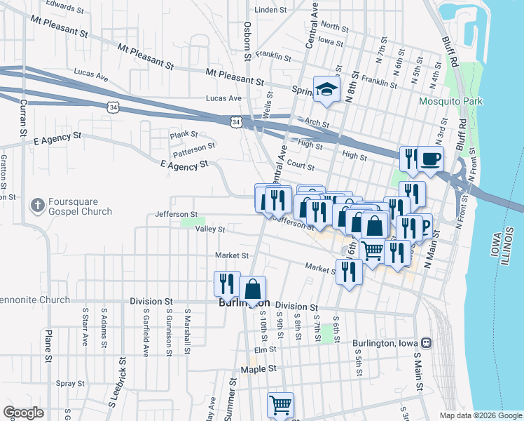 map of restaurants, bars, coffee shops, grocery stores, and more near 357 North Central Avenue in Burlington