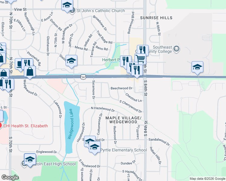 map of restaurants, bars, coffee shops, grocery stores, and more near 8107 Beechwood Drive in Lincoln