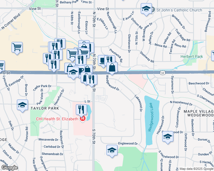 map of restaurants, bars, coffee shops, grocery stores, and more near 134 Wedgewood Drive in Lincoln