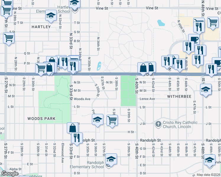 map of restaurants, bars, coffee shops, grocery stores, and more near 3716 M Street in Lincoln