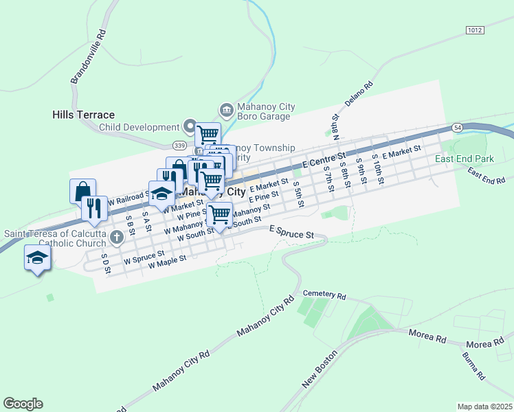 map of restaurants, bars, coffee shops, grocery stores, and more near 215 East Mahanoy Street in Mahanoy City