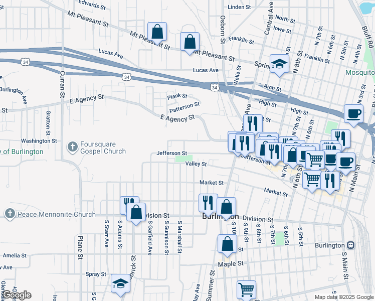 map of restaurants, bars, coffee shops, grocery stores, and more near 1322 Jefferson Street in Burlington