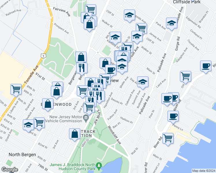 map of restaurants, bars, coffee shops, grocery stores, and more near 70 Anderson Ave in Fairview