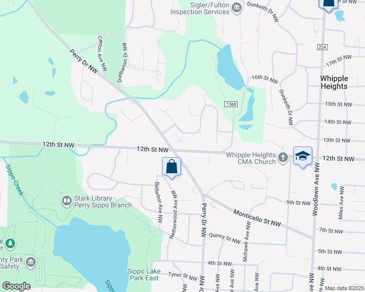 map of restaurants, bars, coffee shops, grocery stores, and more near 1217 Suffield Circle Northwest in Canton