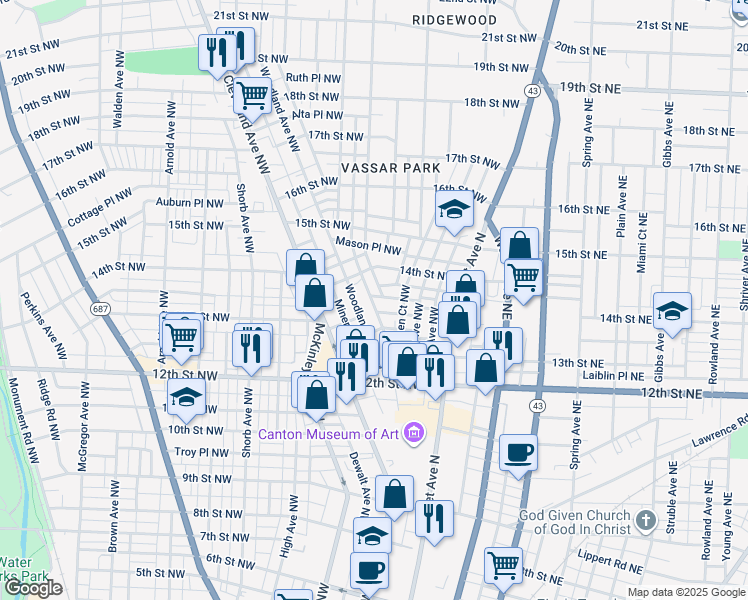 map of restaurants, bars, coffee shops, grocery stores, and more near 318 Chicago Place Northwest in Canton