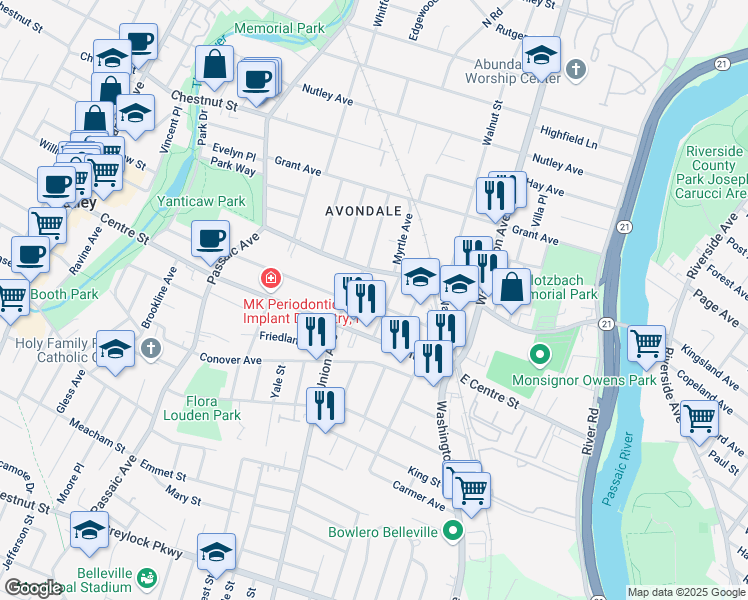 map of restaurants, bars, coffee shops, grocery stores, and more near 60 Monsignor Owens Place in Nutley