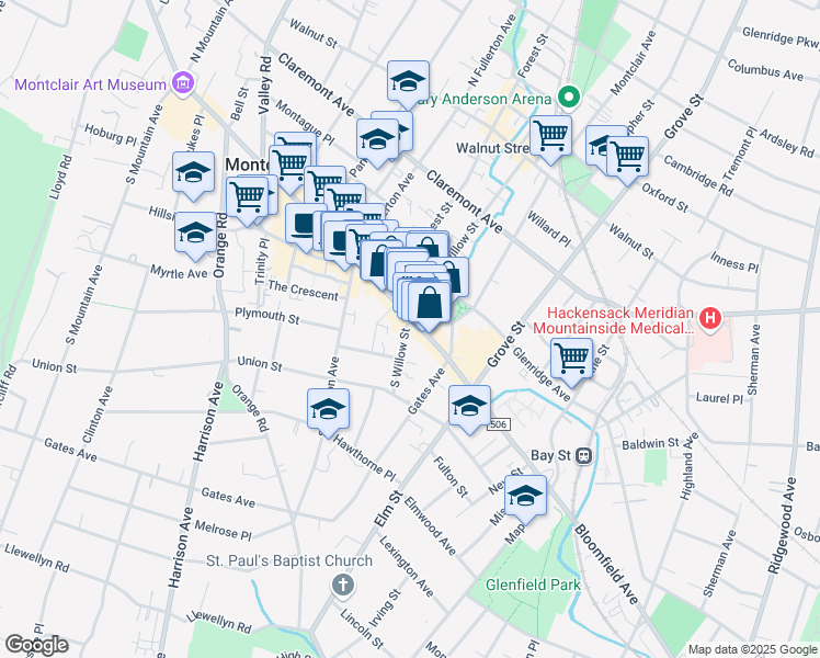map of restaurants, bars, coffee shops, grocery stores, and more near 3 South Willow Street in Montclair
