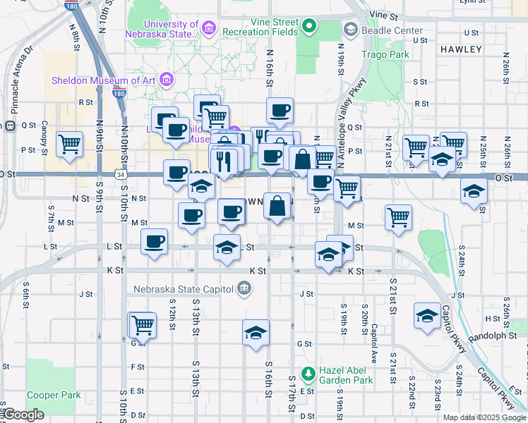 map of restaurants, bars, coffee shops, grocery stores, and more near 225 South 16th Street in Lincoln