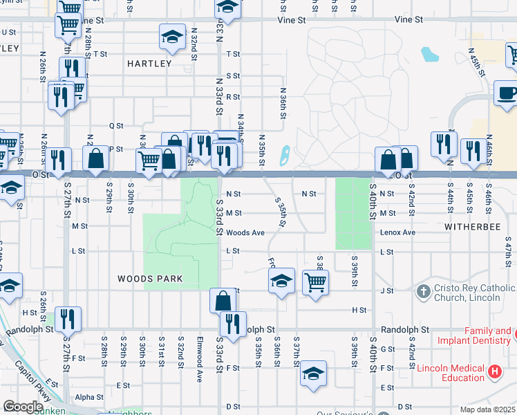 map of restaurants, bars, coffee shops, grocery stores, and more near 3442 M Street in Lincoln