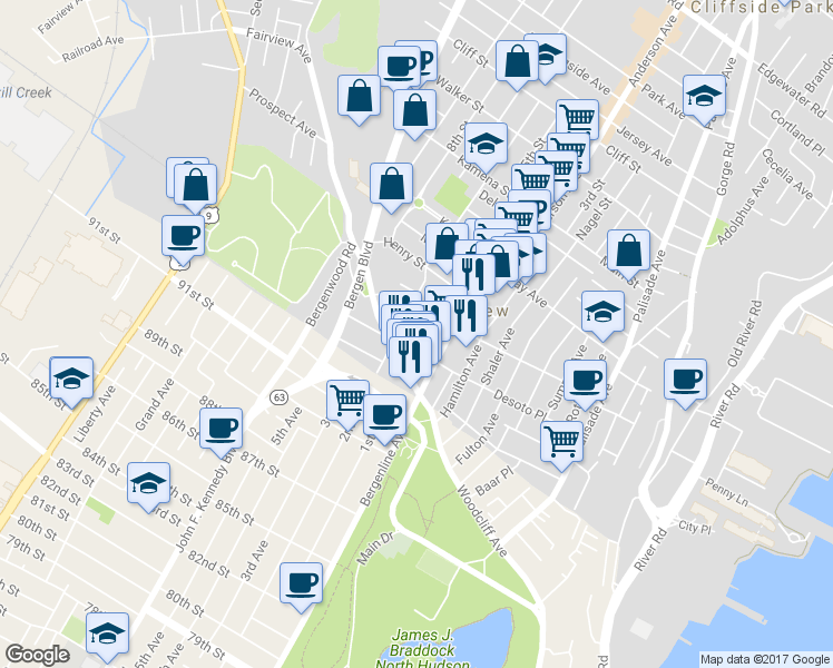 map of restaurants, bars, coffee shops, grocery stores, and more near 47 Grant Street in Fairview