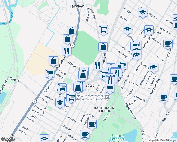 map of restaurants, bars, coffee shops, grocery stores, and more near 9205 Bergenwood Avenue in North Bergen