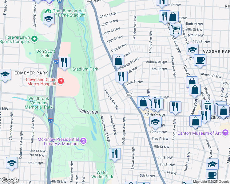 map of restaurants, bars, coffee shops, grocery stores, and more near 1433 14th Street Northwest in Canton