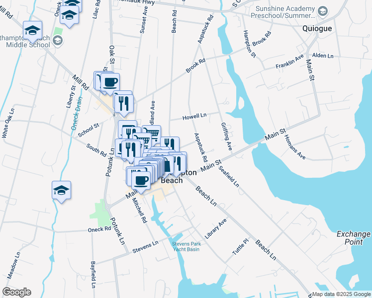 map of restaurants, bars, coffee shops, grocery stores, and more near 19 Church Lane in Westhampton Beach